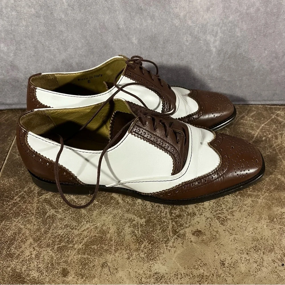J Peterman Wingtip Oxford Womens‎ Shoes Size 6 Italy Leather Lined Brown / White